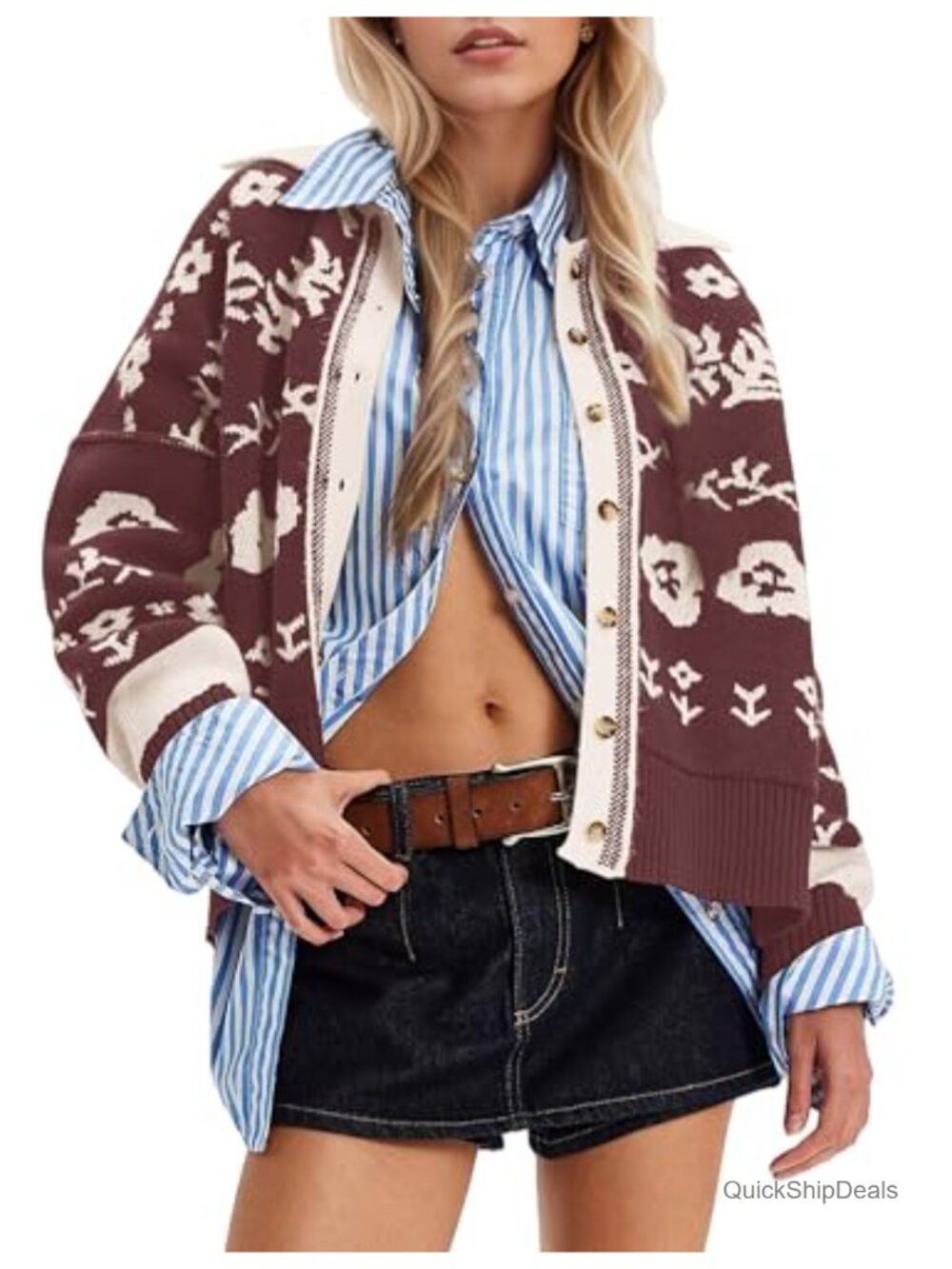 Floral Print Button Down Cardigan Long Sleeve V Neck Knit Crop Sweater